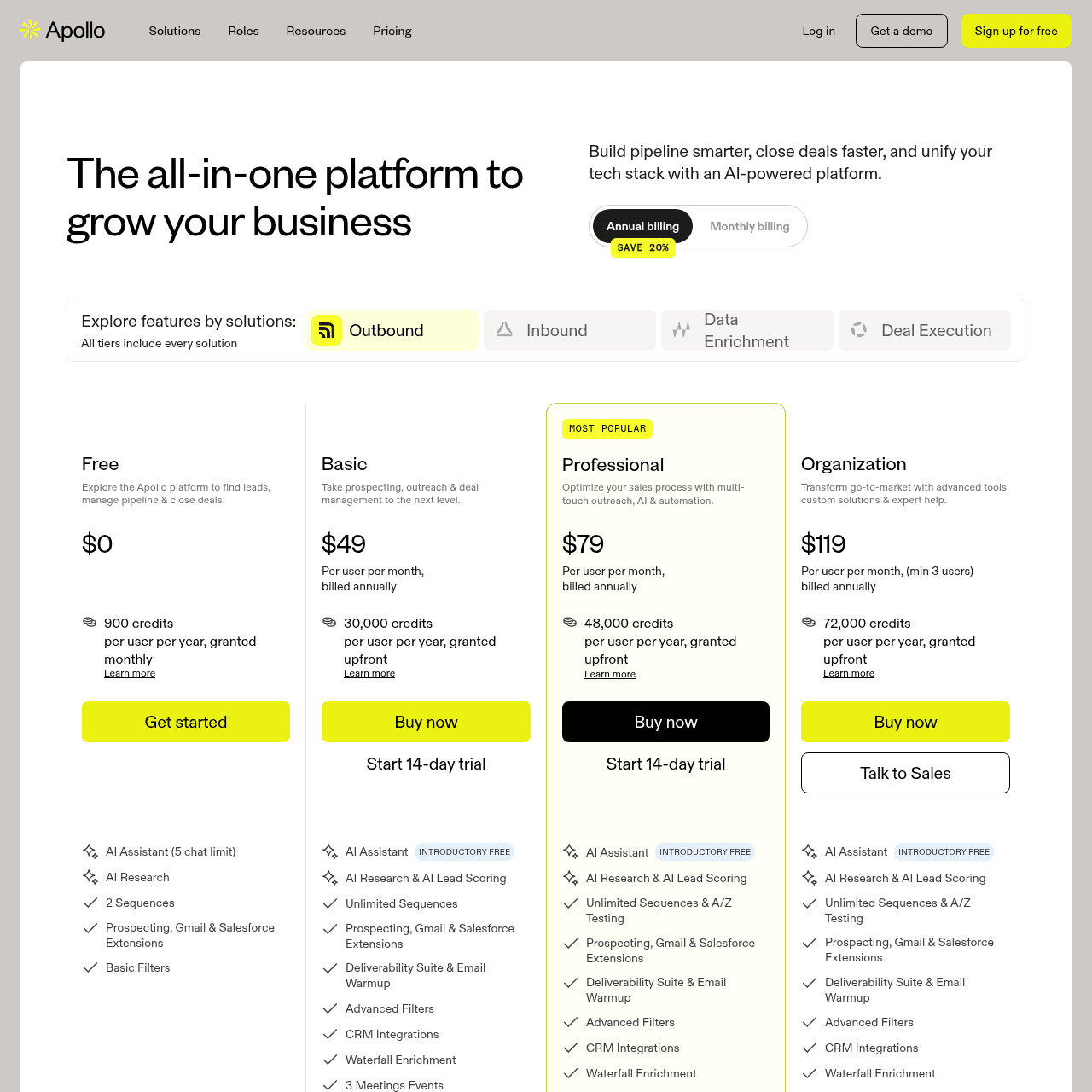 Apollo.io pricing page
