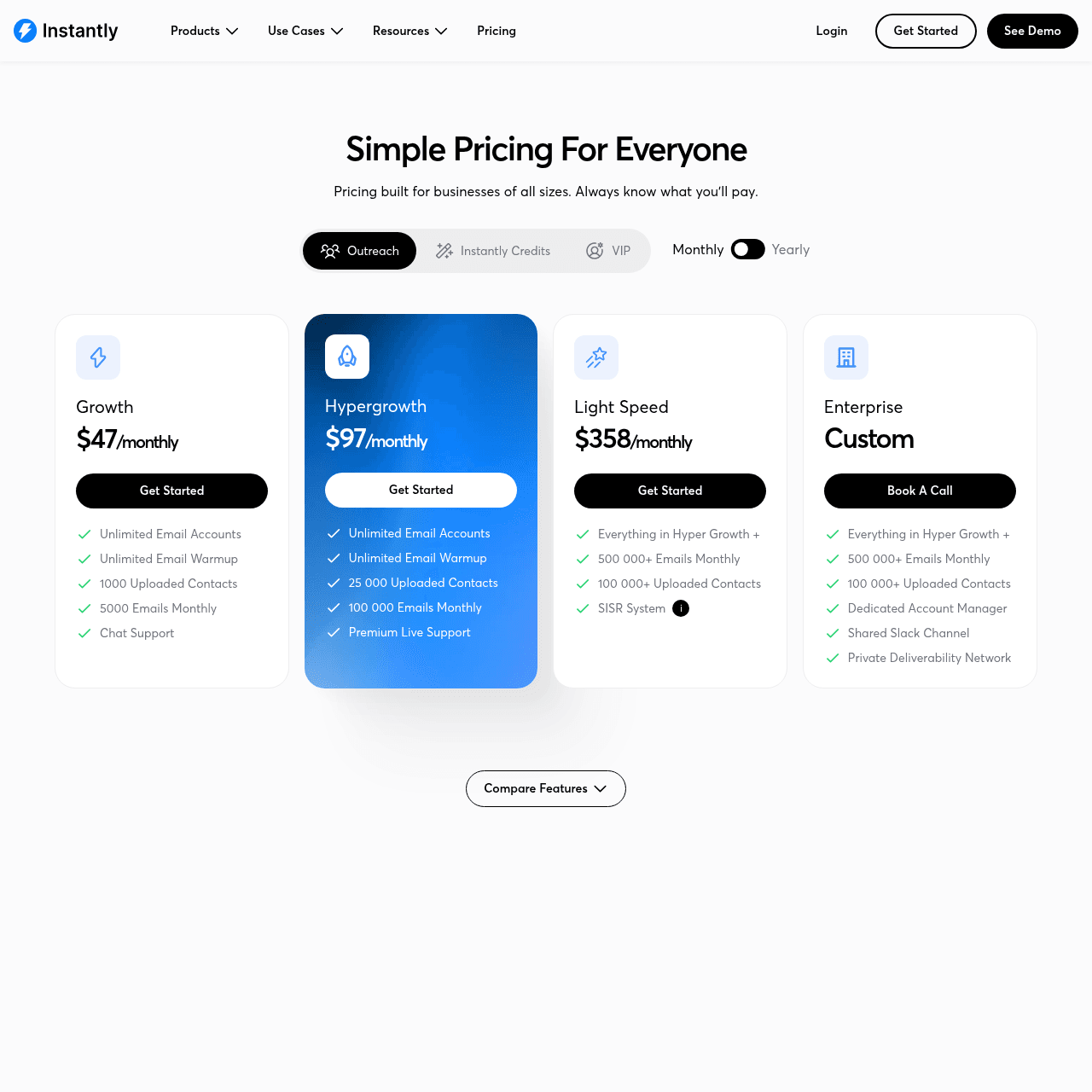 Instantly pricing page