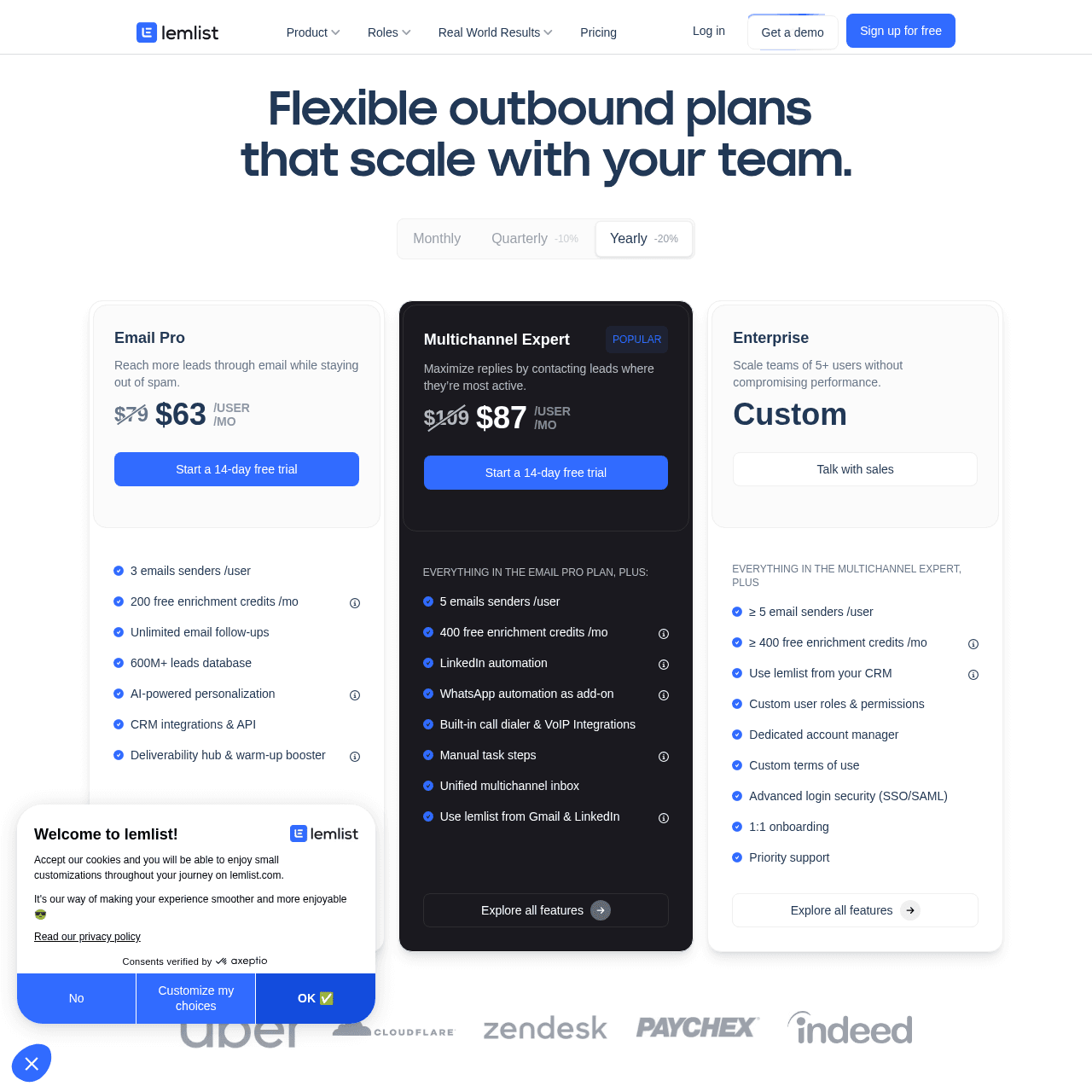 Lemlist pricing page